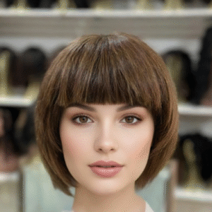 PERUCA WIG CABELO BRASIELEIRO HUMANO , CURTA COM FRANJA CASTANHO CLARO MEL DE 20 CM (TOUCA COM REGULAGEM NO TAMANHO)