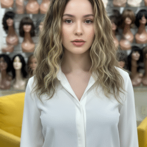 FRONT LACE CABELO BRASILEIRO LEVE ONDAS NATURAL LOIRA DE 45CM ( EXTREMA PERFEIÇÃO)