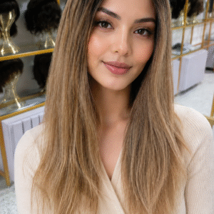 PERUCA FIO A FIO 40CM 100% CABELO HUMANO NATURAL BRASILEIRO LOIRO ESCURO COM RAIZ ESFUMADA