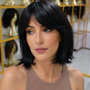 PERUCA WIG 100% CABELO HUMANO BRASILEIRO PRETA LISA COM FRANJA 35 CM