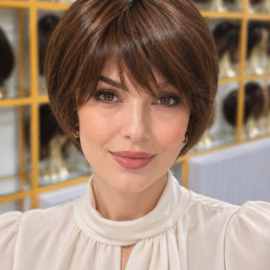 PERUCA CURTA 100% CABELO HUMANO BRASILEIRO CASTANHO CLARO COM FRANJA E CORTE CHANEL REPICADO